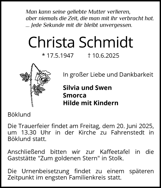 Traueranzeige von Christa Schmidt von Schleswiger Nachrichten, Schlei-Bote