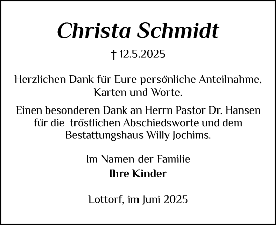 Traueranzeige von Christa Schmidt von Schleswiger Nachrichten, Schlei-Bote