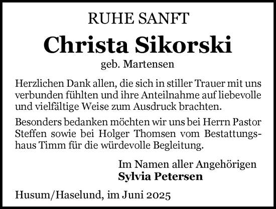 Traueranzeige von Christa Sikorski von Husumer Nachrichten, Nordfriesland Tageblatt