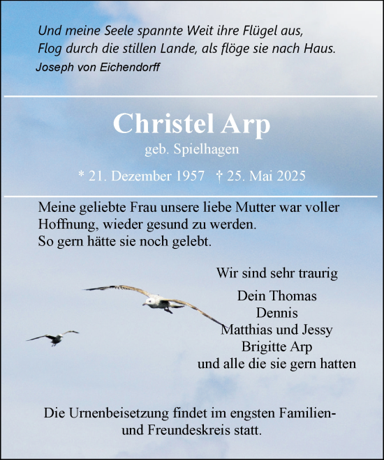 Traueranzeige von Christel Arp von Wochenend Anzeiger