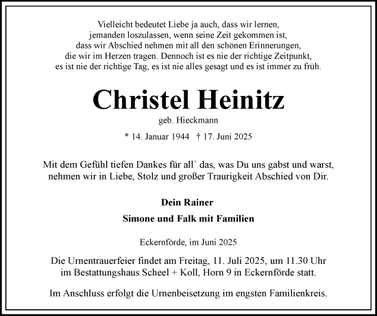 Traueranzeige von Christel Heinitz von Schleswiger Nachrichten, Schlei-Bote