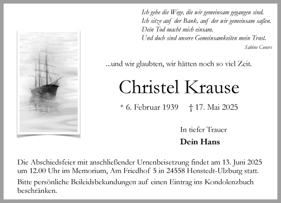 Traueranzeige von Christel Krause von Umschau