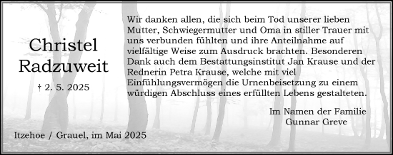 Traueranzeige von Christel Radzuweit von Norddeutsche Rundschau, Wilstersche Zeitung, Glückstädter Fortuna