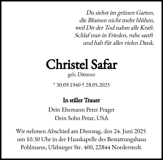 Traueranzeige von Christel Safar von Heimatspiegel