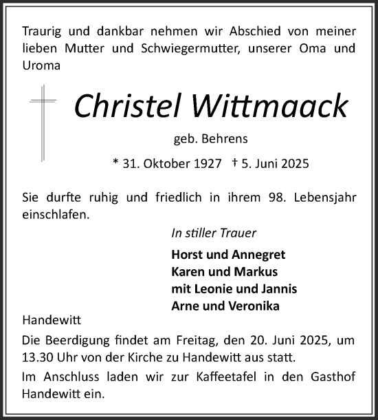 Traueranzeige von Christel Wittmaack von Flensburger Tageblatt
