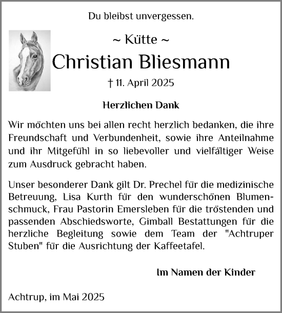 Traueranzeige von Christian Bliesmann von Husumer Nachrichten, Nordfriesland Tageblatt