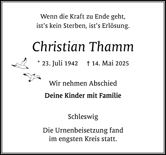 Traueranzeige von Christian Thamm von Schleswiger Nachrichten, Schlei-Bote