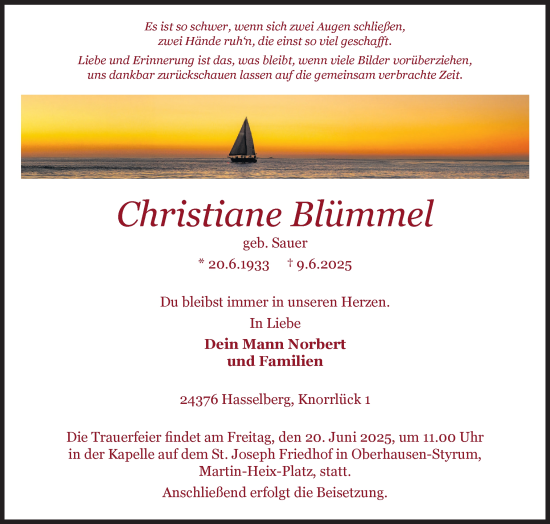 Traueranzeige von Christiane Blümmel von Flensburger Tageblatt, Schleswiger Nachrichten, Schlei-Bote