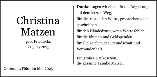 Traueranzeige von Christina Matzen von Der Insel-Bote