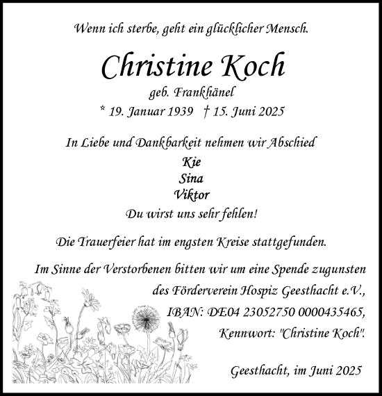 Traueranzeige von Christine Koch von Wochenend Anzeiger
