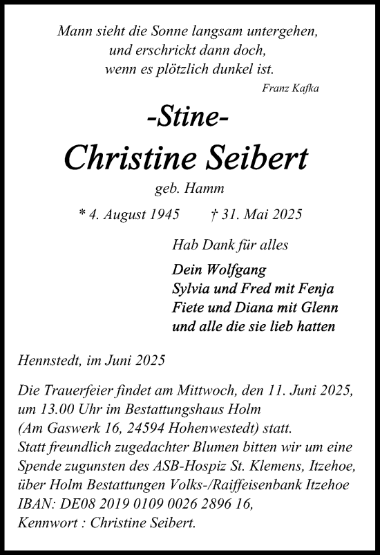 Traueranzeige von Christine Seibert von Norddeutsche Rundschau, Wilstersche Zeitung, Glückstädter Fortuna