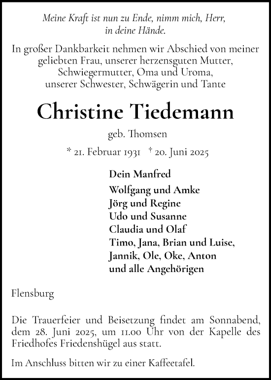 Traueranzeige von Christine Tiedemann von Flensburger Tageblatt