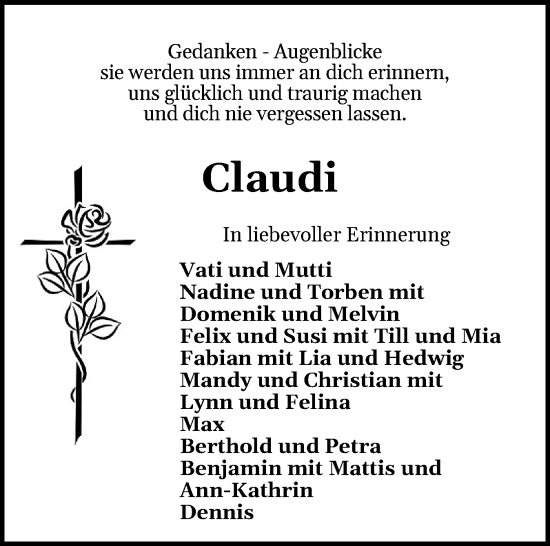 Traueranzeige von Claudi  von Eckernförder Zeitung, Hallo Eckernförde