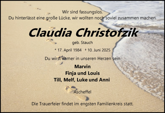 Traueranzeige von Claudia Christofzik von Eckernförder Zeitung, Hallo Eckernförde