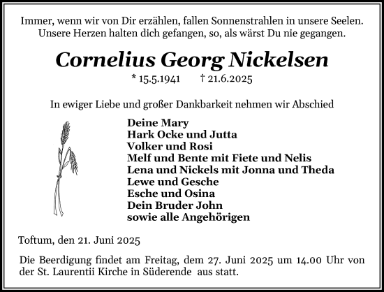 Traueranzeige von Cornelius Georg Nickelsen von Der Insel-Bote