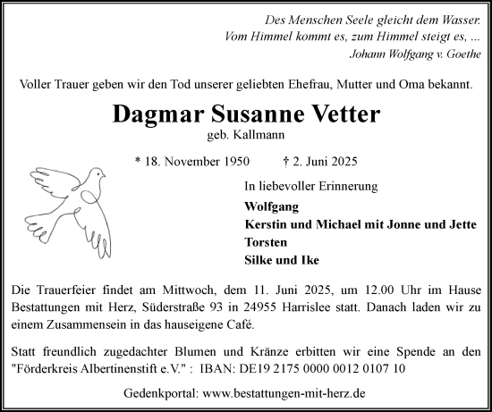 Traueranzeige von Dagmar Susanne Vetter von Flensburger Tageblatt