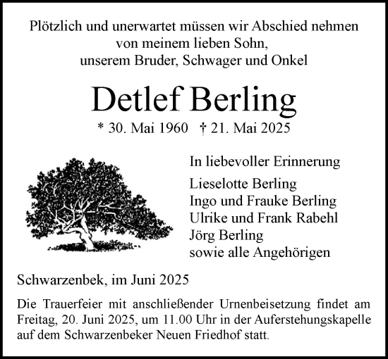 Traueranzeige von Detlef Berling von Wochenend Anzeiger