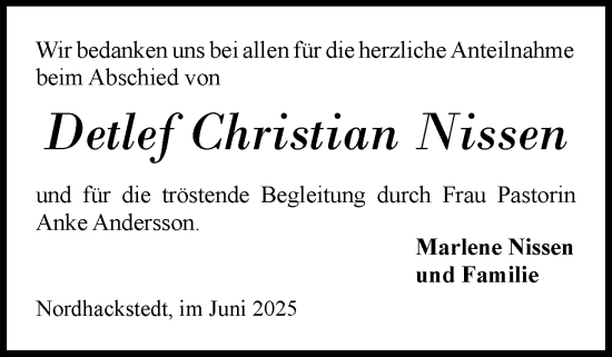Traueranzeige von Detlef Christian Nissen von Flensburger Tageblatt