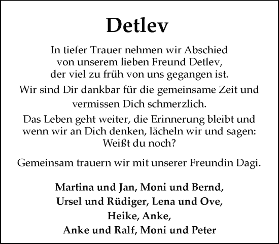 Traueranzeige von Detlev  von Flensburger Tageblatt