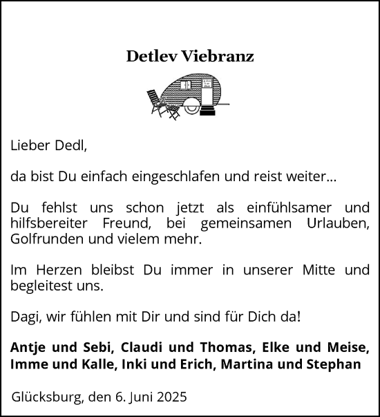 Traueranzeige von Detlev Viebranz von Flensburger Tageblatt