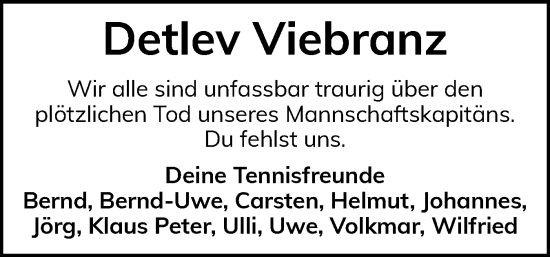 Traueranzeige von Detlev Viebranz von Flensburger Tageblatt