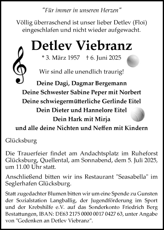 Traueranzeige von Detlev Viebranz von Flensburger Tageblatt