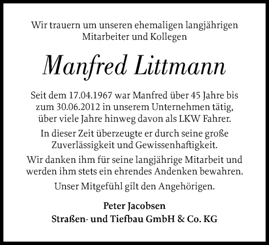 Traueranzeige von Manfred Littmann von Norddeutsche Rundschau, Wilstersche Zeitung, Glückstädter Fortuna