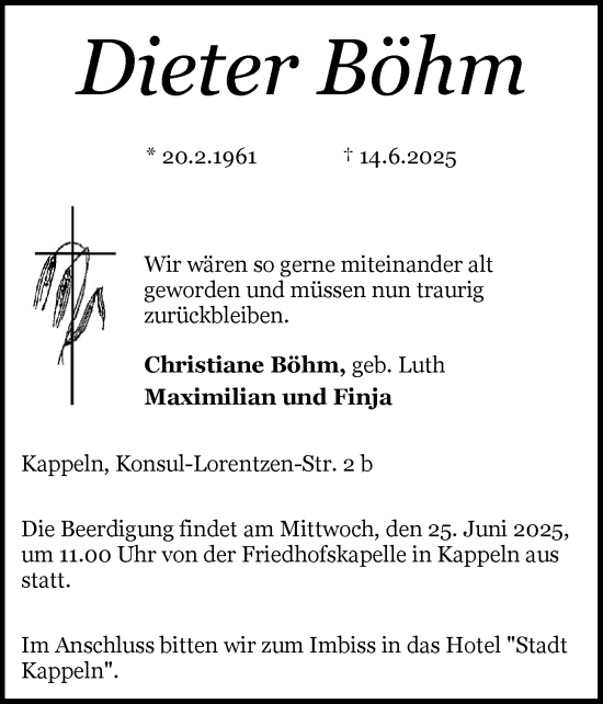 Traueranzeige von Dieter Böhm von Schleswiger Nachrichten, Schlei-Bote