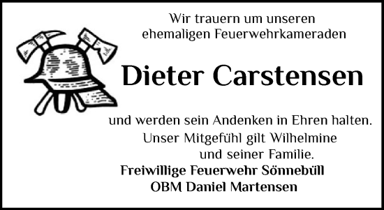 Traueranzeige von Dieter Carstensen von Husumer Nachrichten, Nordfriesland Tageblatt