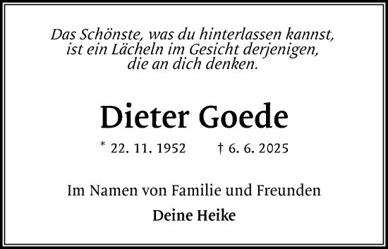 Traueranzeige von Dieter Goede von Elmshorner Nachrichten, Barmstedter Zeitung
