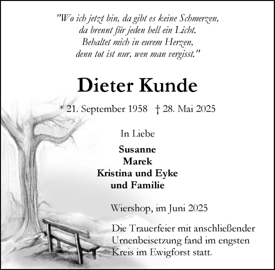 Traueranzeige von Dieter Kunde von Wochenend Anzeiger