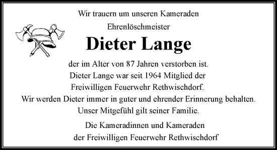 Traueranzeige von Dieter Lange von MARKT Bad Oldesloe/Reinfeld und Stormarner Tageblatt