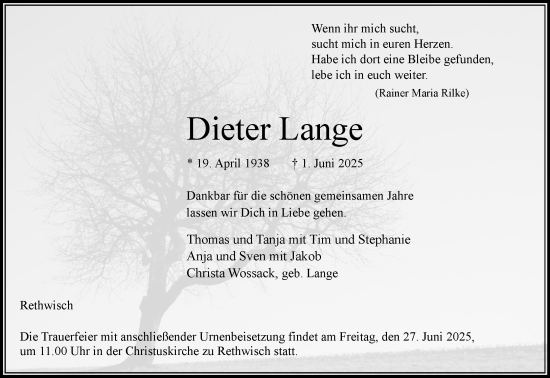 Traueranzeige von Dieter Lange von MARKT Bad Oldesloe/Reinfeld und Stormarner Tageblatt