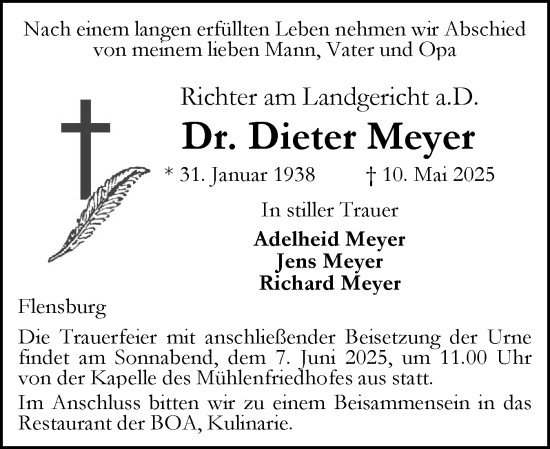 Traueranzeige von Dieter Meyer von Flensburger Tageblatt