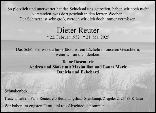 Traueranzeige von Dieter Reuter von Wochenend Anzeiger