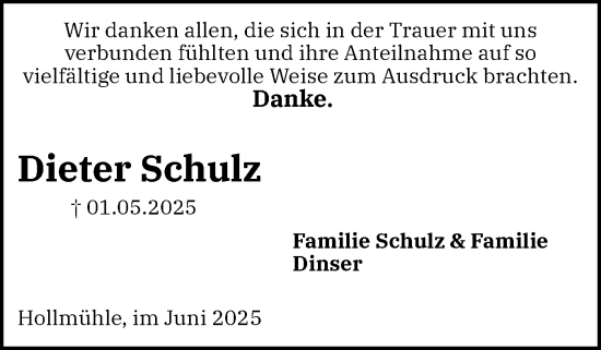 Traueranzeige von Dieter Schulz von Schleswiger Nachrichten, Schlei-Bote