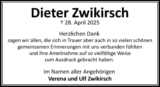 Traueranzeige von Dieter Zwikirsch von MARKT Bad Oldesloe/Reinfeld und Stormarner Tageblatt