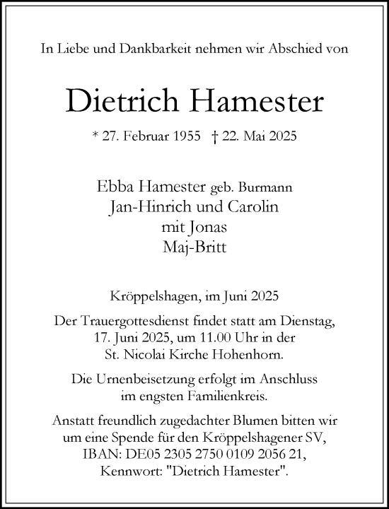 Traueranzeige von Dietrich Hamester von Wochenend Anzeiger
