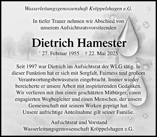 Traueranzeige von Dietrich Hamester von Wochenend Anzeiger