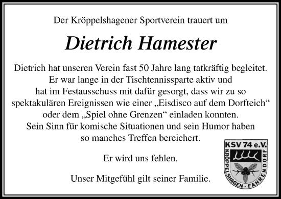 Traueranzeige von Dietrich Hamester von Wochenend Anzeiger