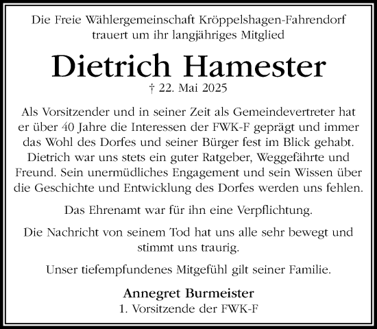 Traueranzeige von Dietrich Hamester von Wochenend Anzeiger