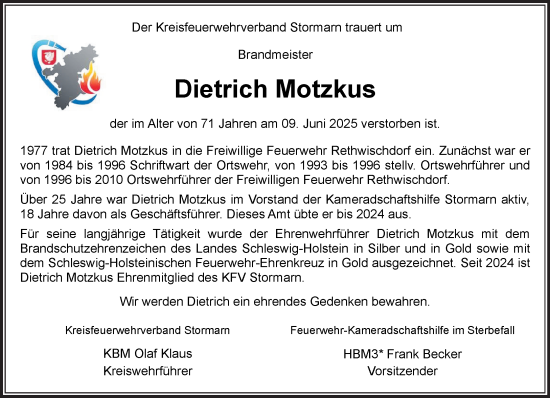 Traueranzeige von Dietrich Motzkus von MARKT Bad Oldesloe/Reinfeld und Stormarner Tageblatt