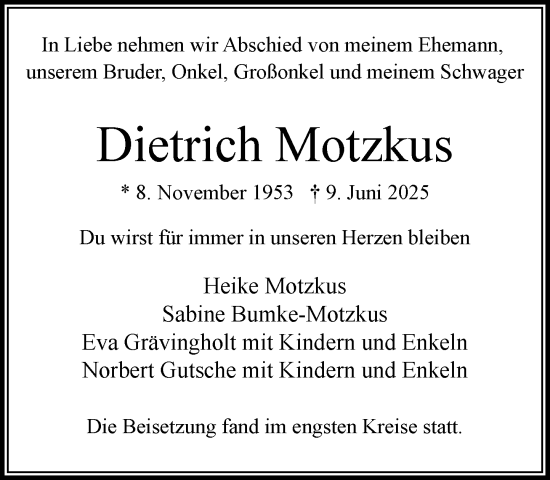 Traueranzeige von Dietrich Motzkus von MARKT Bad Oldesloe/Reinfeld und Stormarner Tageblatt