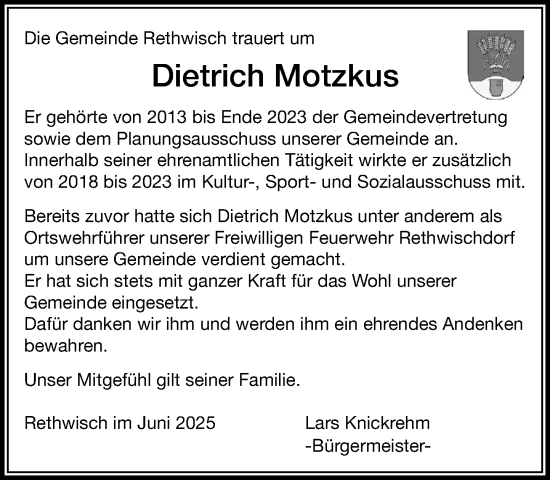 Traueranzeige von Dietrich Motzkus von MARKT Bad Oldesloe/Reinfeld und Stormarner Tageblatt