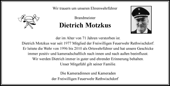 Traueranzeige von Dietrich Motzkus von MARKT Bad Oldesloe/Reinfeld und Stormarner Tageblatt