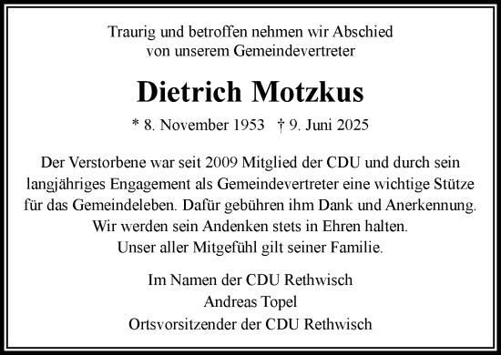 Traueranzeige von Dietrich Motzkus von MARKT Bad Oldesloe/Reinfeld und Stormarner Tageblatt