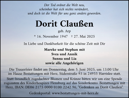 Traueranzeige von Dorit Claußen von Flensburger Tageblatt