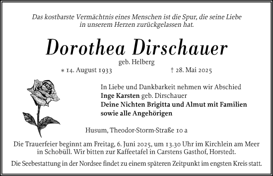 Traueranzeige von Dorothea Dirschauer von Husumer Nachrichten, Nordfriesland Tageblatt