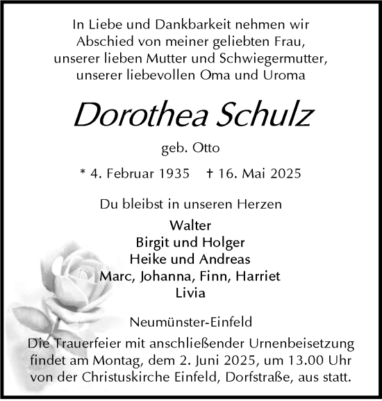 Traueranzeige von Dorothea Schulz von Holsteinischer Courier