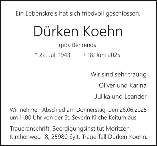 Traueranzeige von Dürken Koehn von Sylter Rundschau